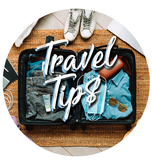 Financial Travel Tips text over an opened packed suitcase